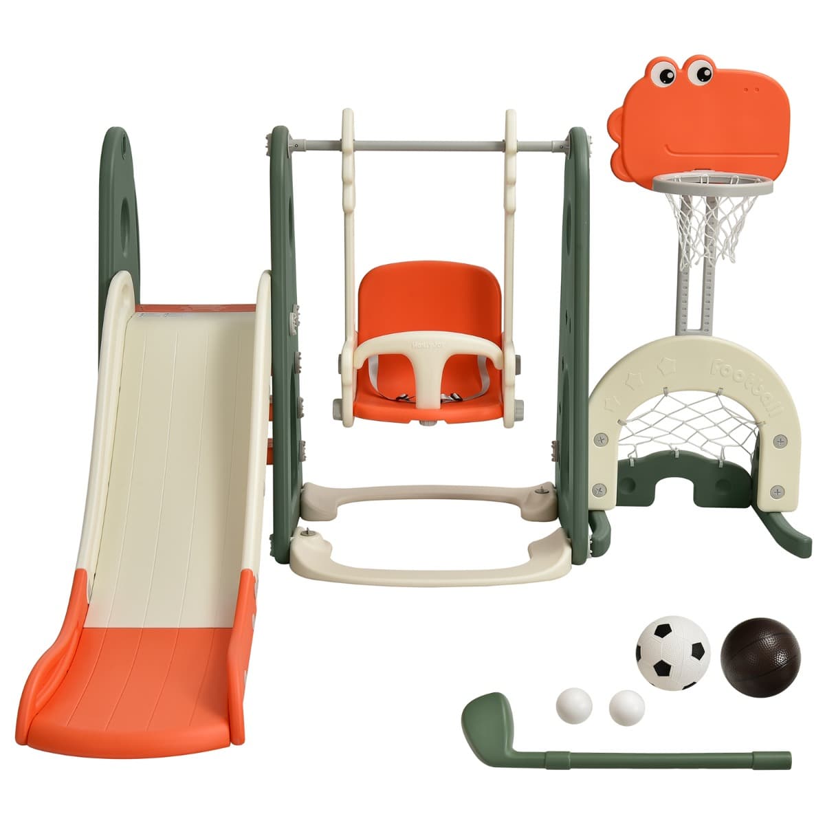 CostwayToboggan 6 en 1 : Balançoire Basket-ball Football Escalade Golf pour Enfants 18 Mois + Aire de Jeux Intérieure en HDPE Orange